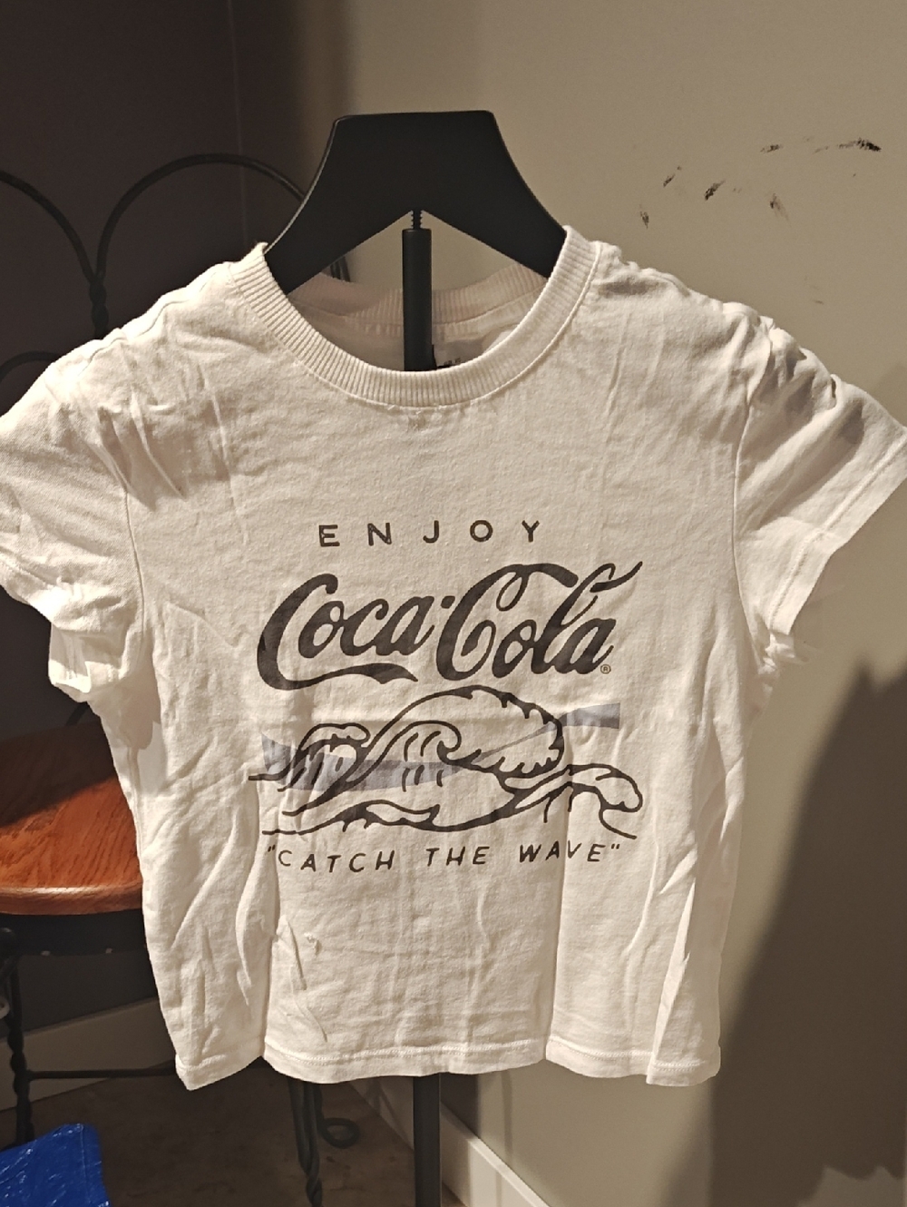 Coca-Cola White Tee with Black Logo and Wave Graphic